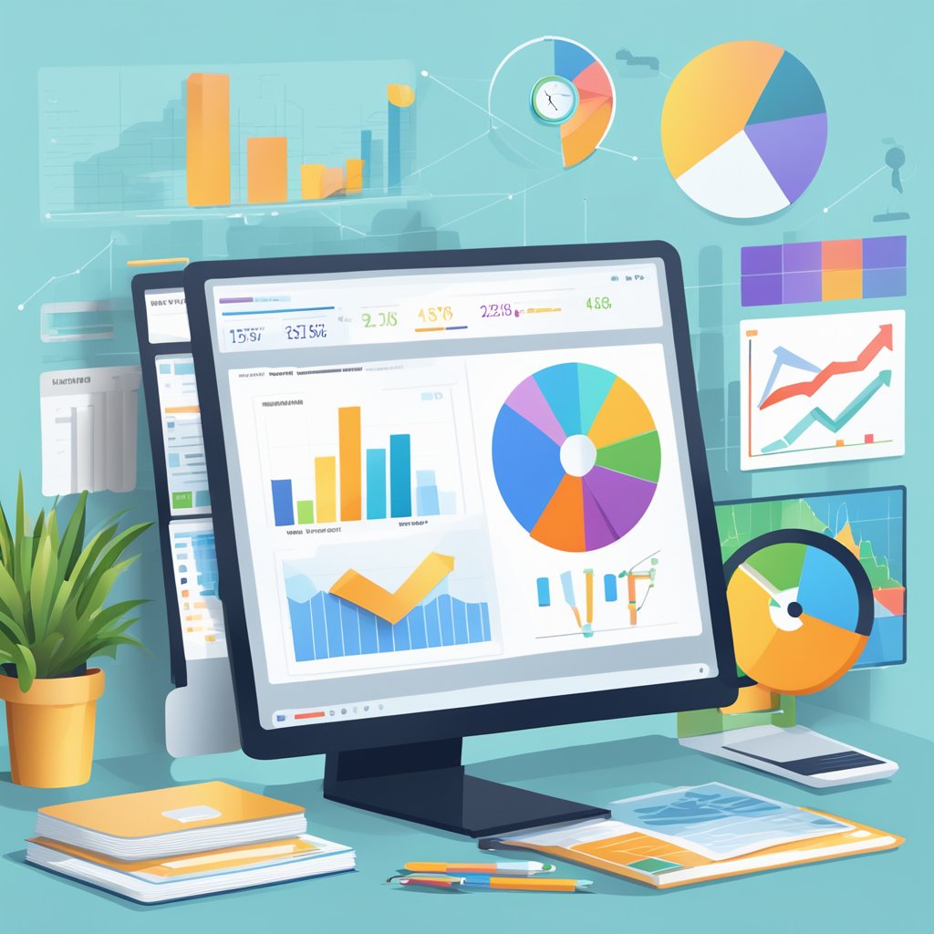 A computer screen displaying a graph of increasing website traffic, surrounded by various digital marketing tools and analytics software