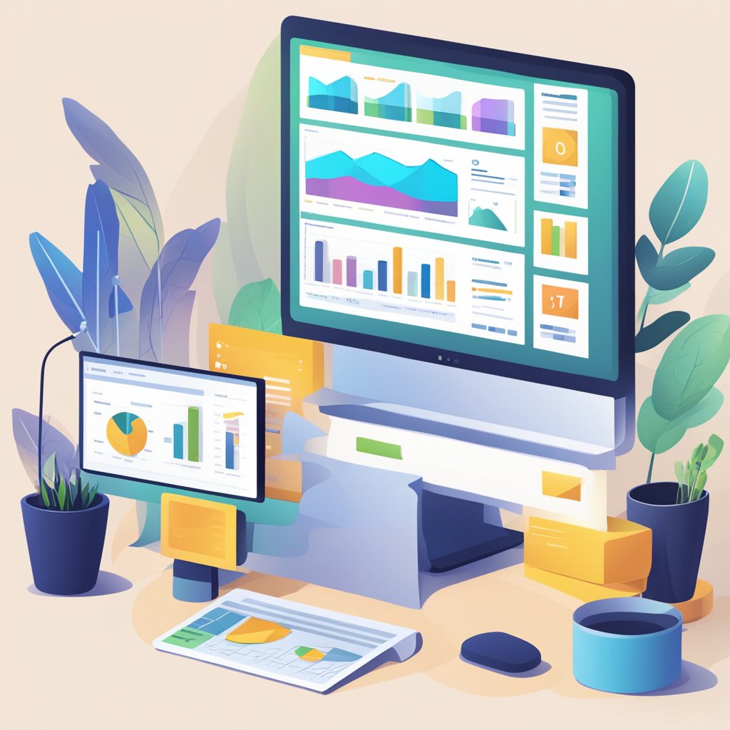 A computer screen displaying a website's backend with various fields for metadata optimization. Graphs and charts show ranking improvements