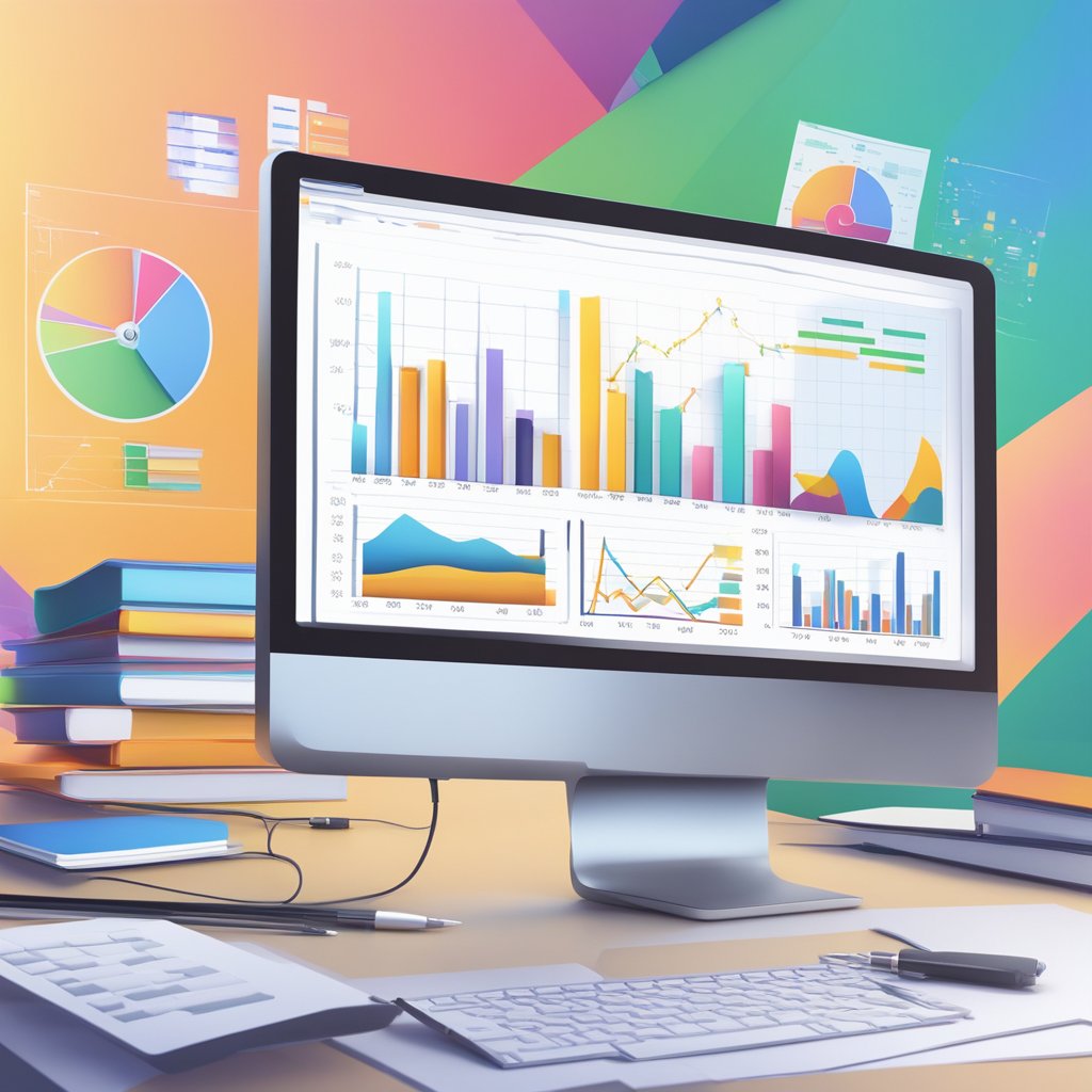 A computer screen displaying a graph with an upward trend, surrounded by various data analysis tools and optimization algorithms