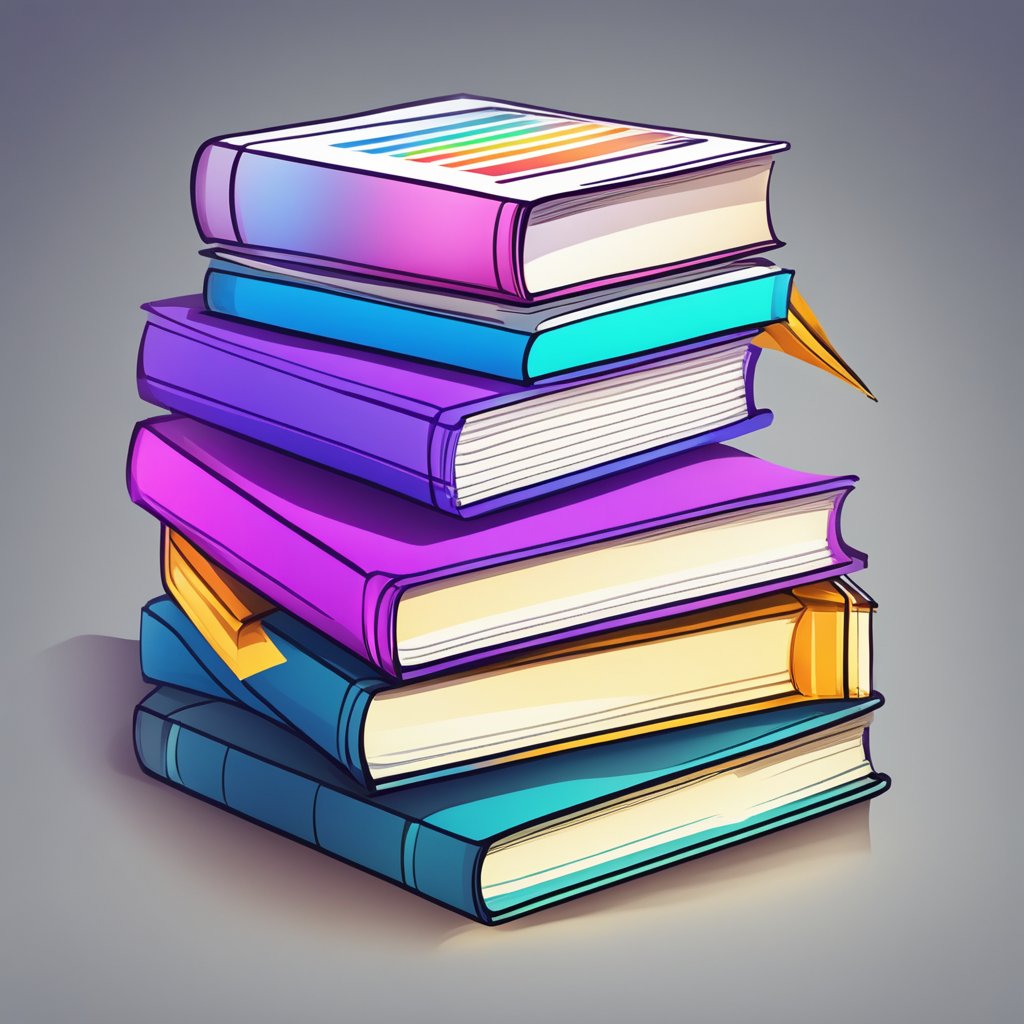 A stack of colorful books with "FAQ" on spine, surrounded by glowing data charts and search engine result pages