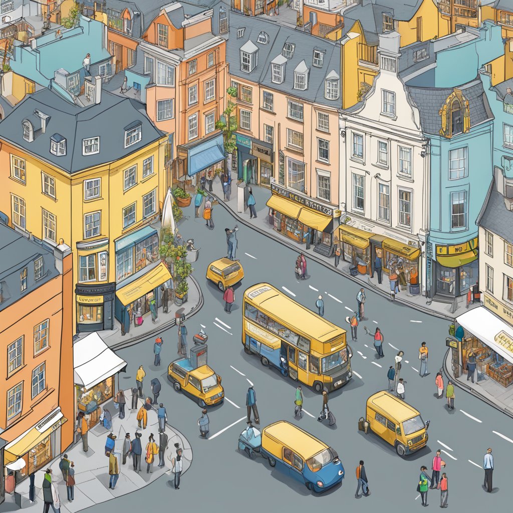 A bustling street in Bristol with various local businesses, each with a prominent online presence and high search engine rankings