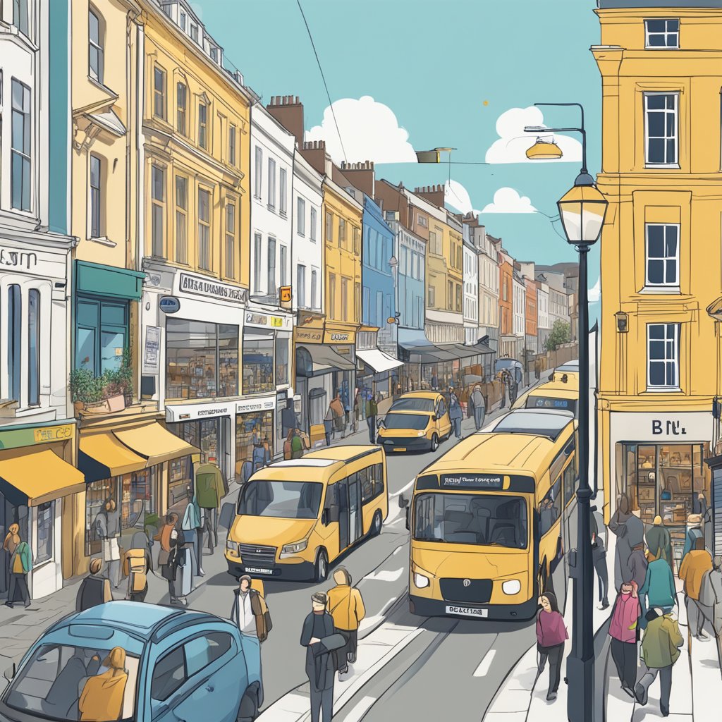 A bustling city street in Bristol, with local businesses prominently displayed and visible search engine optimization strategies in action