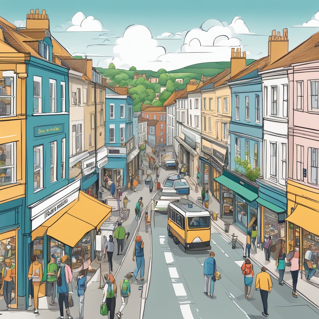A bustling street in Bristol with various local businesses, each with a prominent online presence and high search engine rankings