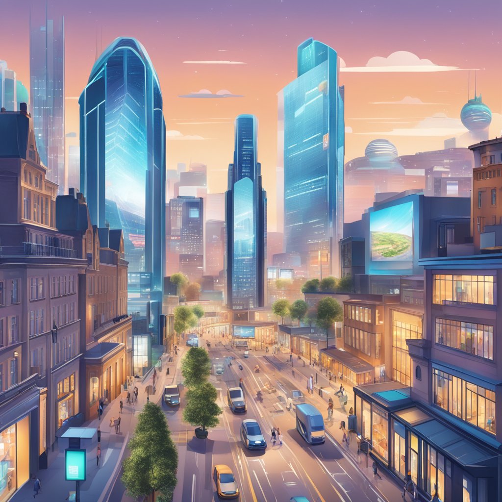 A bustling cityscape in Bristol, showcasing futuristic skyscrapers and high-tech digital billboards promoting the latest SEO trends for 2025