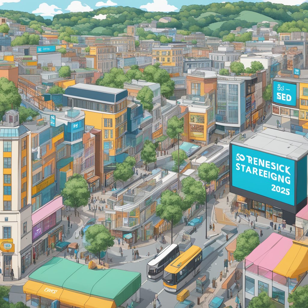 A bustling cityscape in Bristol, with digital billboards displaying SEO trends and engaging content marketing strategies for 2025